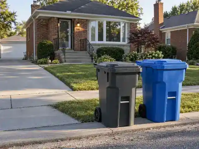 Trash carts and bulk items at the curb on a Detroit street